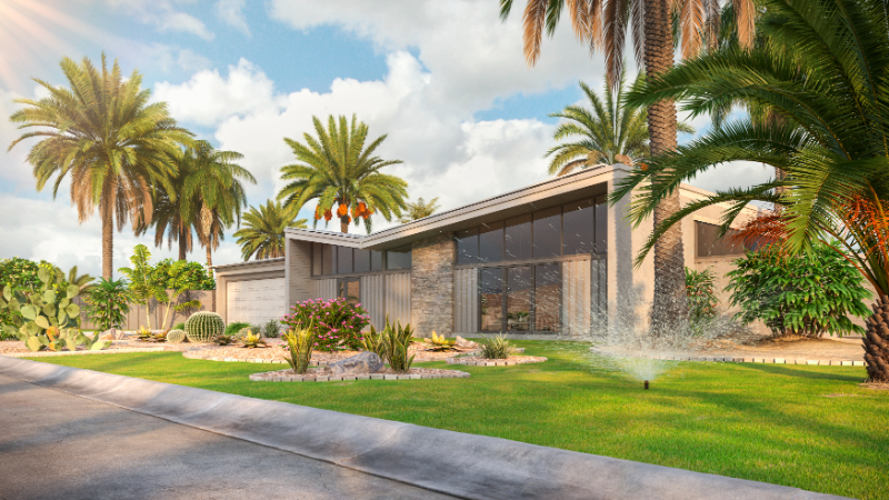 Modern house with solar panels on the roof