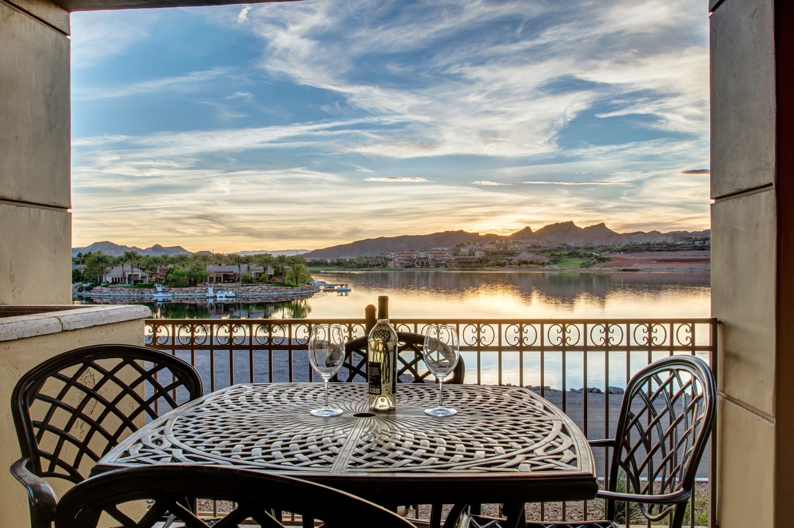 Outdoor dining with lake view